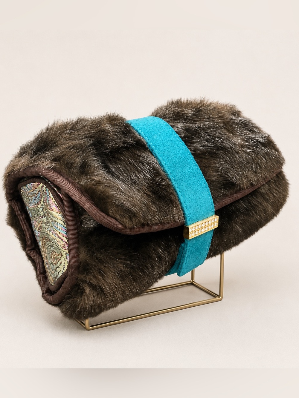 Stephanie Johnson faux fur metallic pouch cosmetic makeup bag